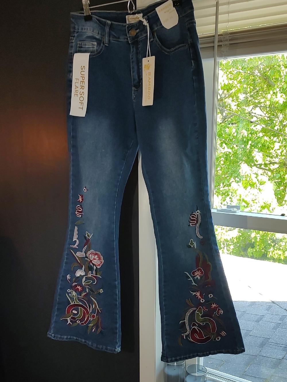 BAMBOO Dark Blue Flare Jeans with Multicolor Floral Embroidery